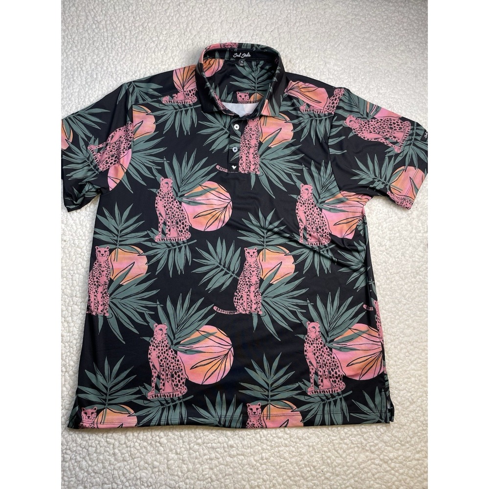 Bad Birdie Golf Polo Shirt Men's Black Cheetah Palm Print Performance XXL